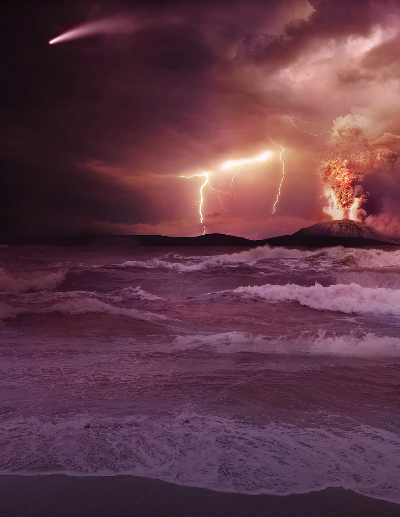 Vue artistique de la Terre primitive avec atmosphère volcanique, représentant le contexte d’apparition de la vie.