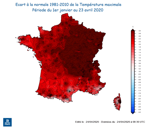 Carte de la France montrant les ecarts de temperatures par rapport a la moyenne de reference pour l'hiver 2020
