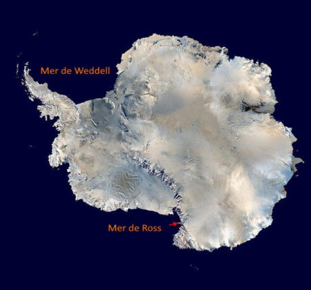 Localisation de la mer de Ross au sud du continent Antarctique.