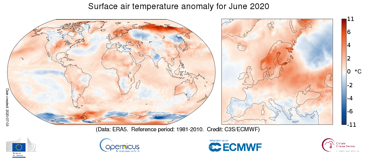 La prédominance des zones rouges illustre un réchauffement global de la planète.