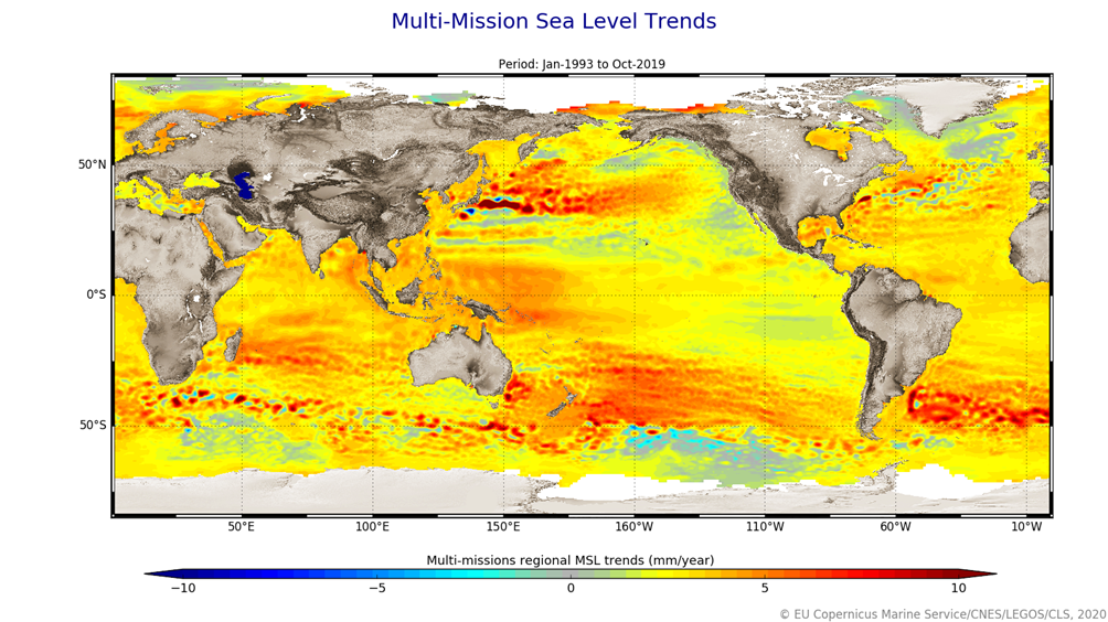 Cartographie du niveau moyen des océans par les altimètres.