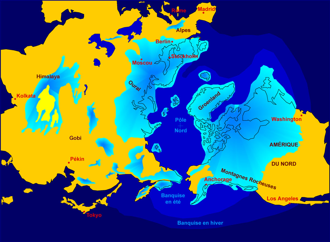 Carte de l'hémisphère Nord lors de la dernière glaciation.