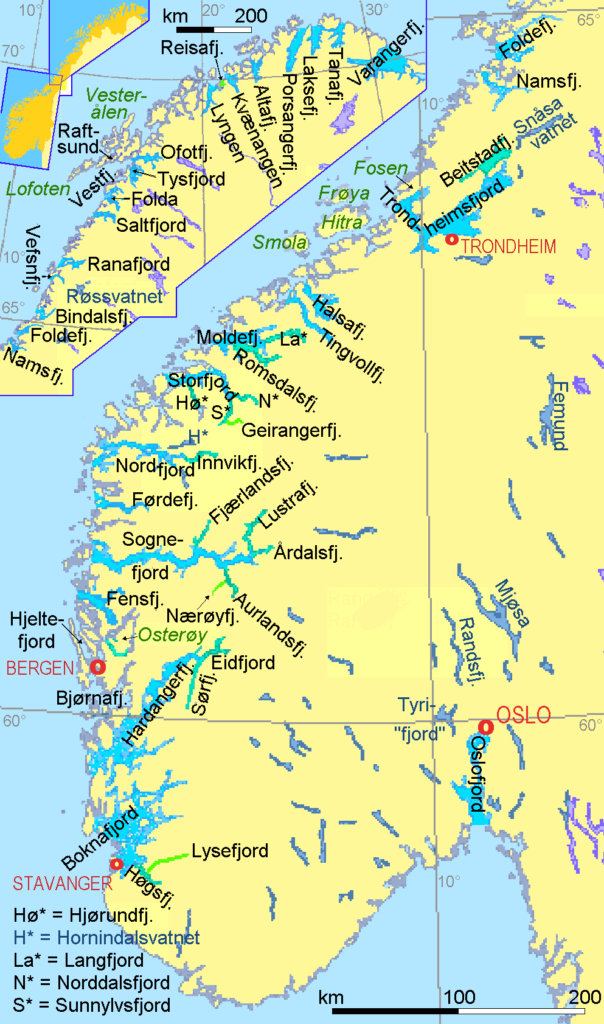 Carte des fjords du sud-ouest de la Norvège.