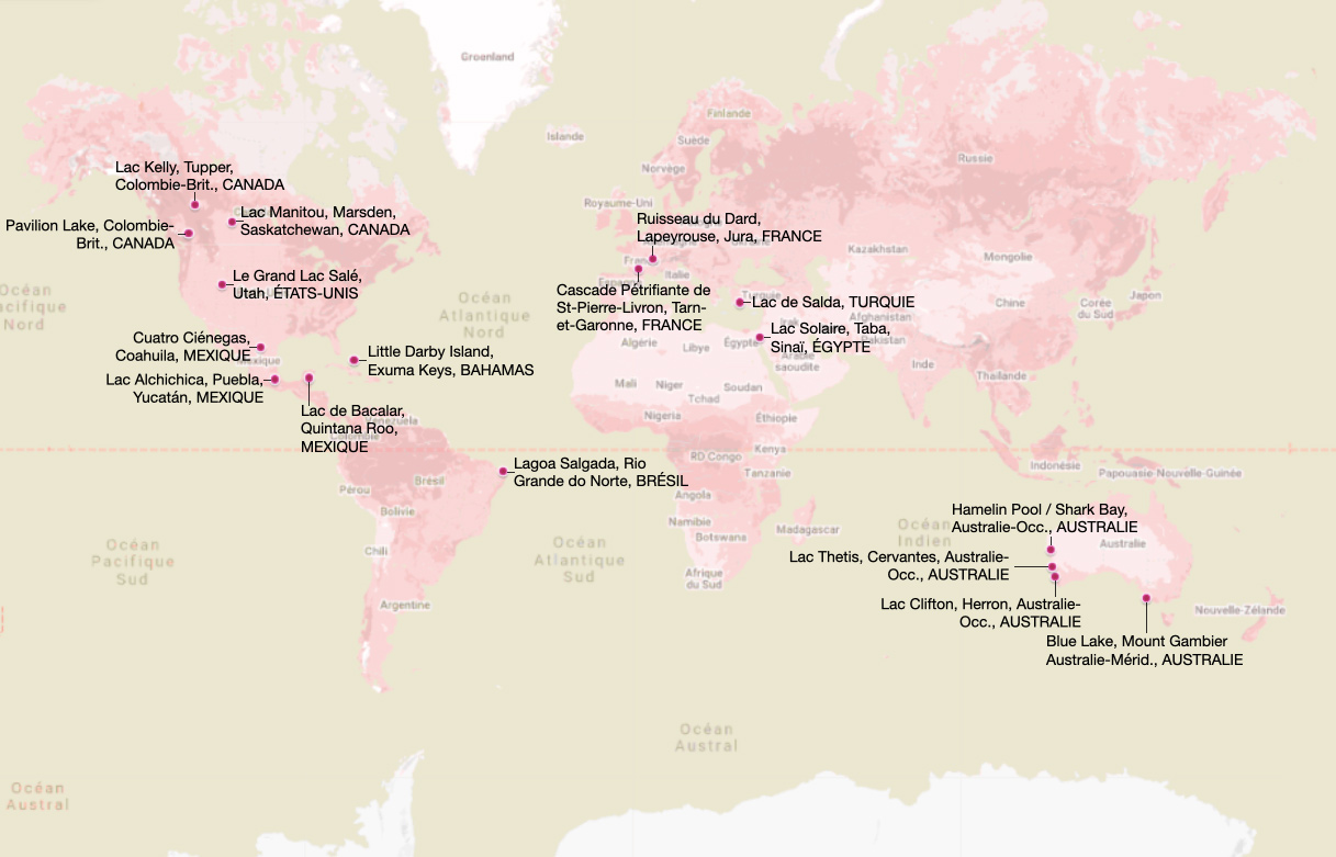 Carte des principaux sites mondiaux avec des stromatolithes.