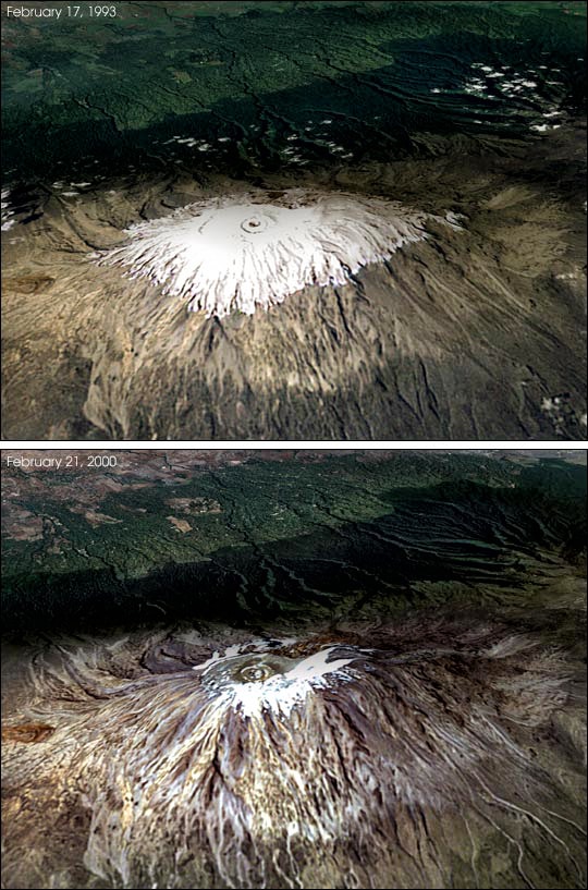 Images satellites illustrant la fonte des glaciers du Kilimandjaro entre 1993 et 2000.