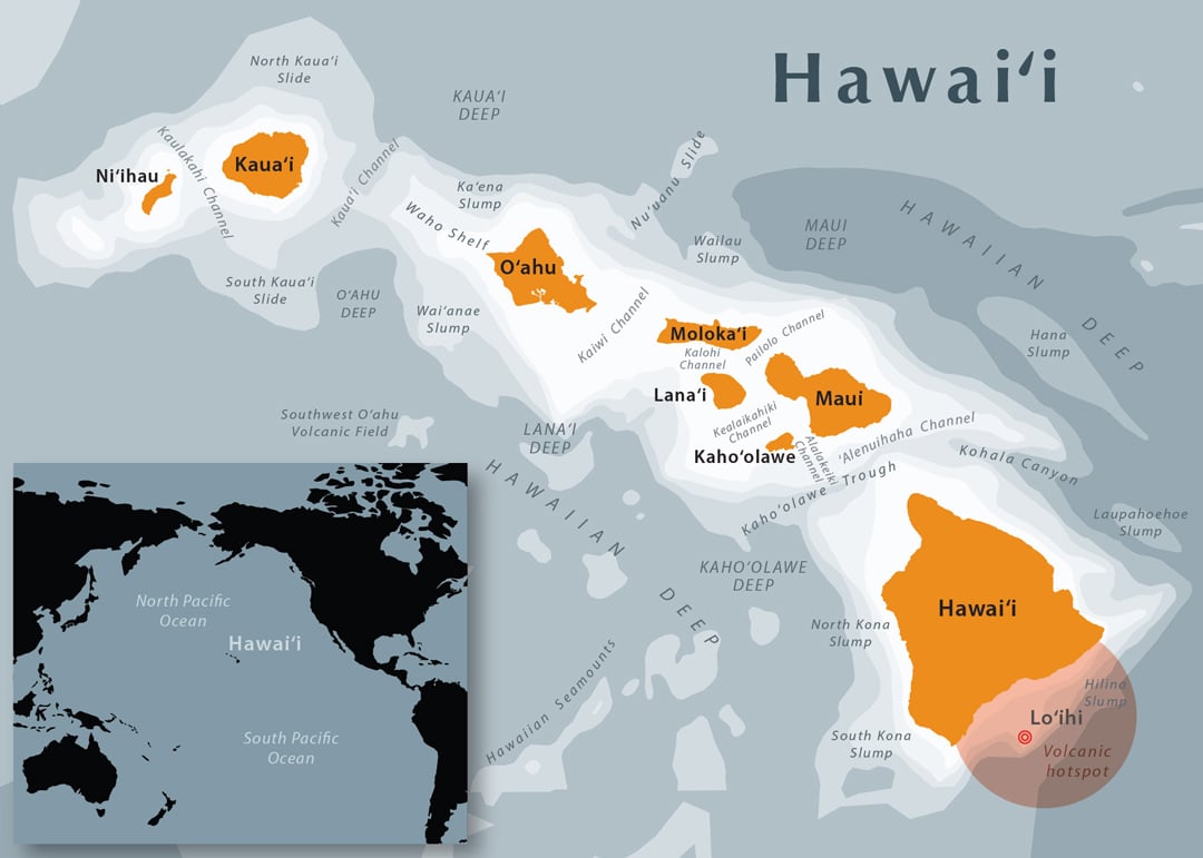 Carte représentant l'archipel d'Hawaï et son « point chaud ».