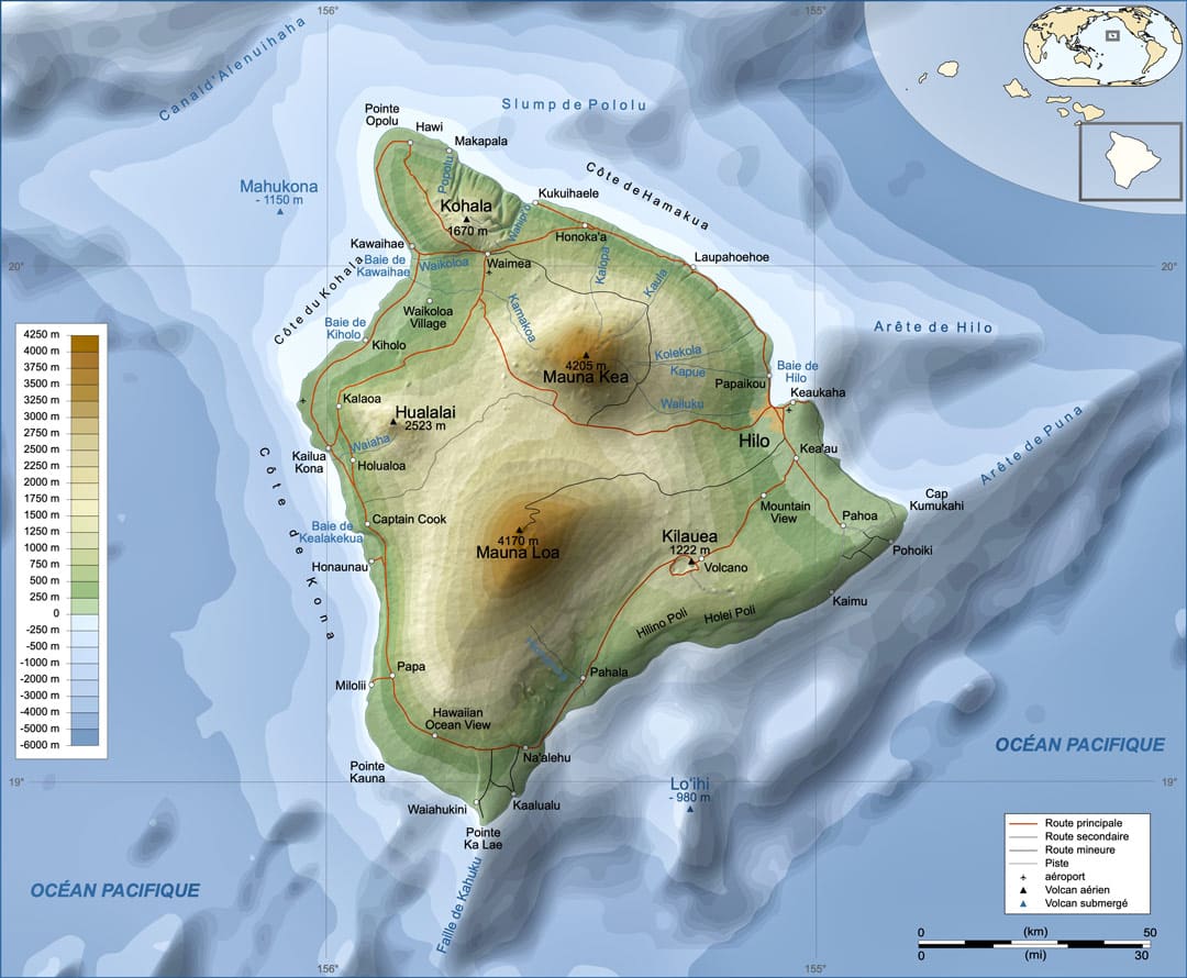 Carte figurant la topographie de Big Island.