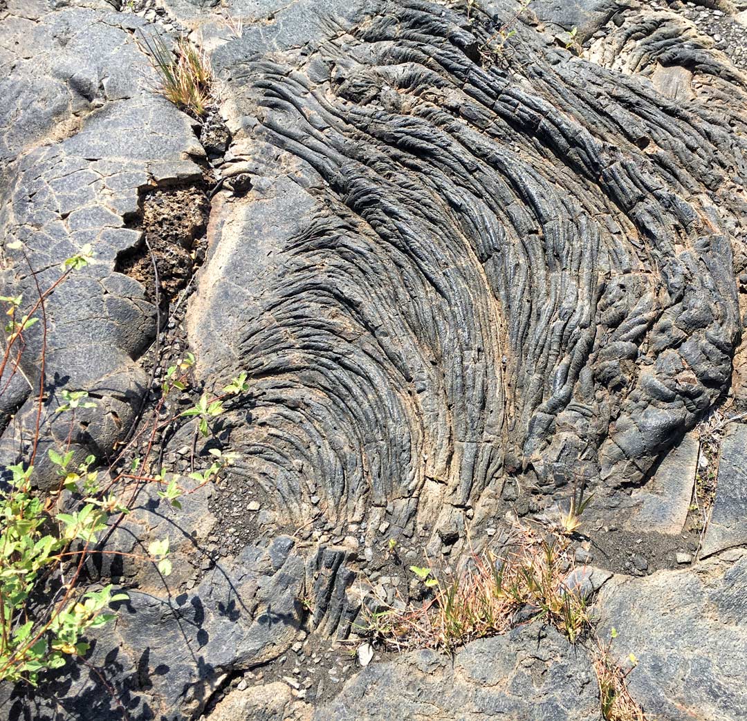Photographie montrant une coulée de lave cordée solidifiée sur Big Island.