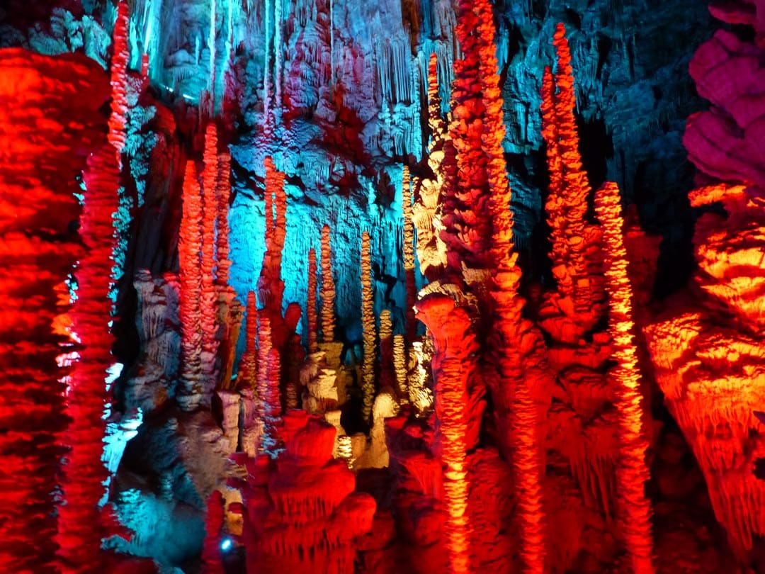 Illumination de la forêt des 400 stalagmites géantes de l'Aven Armand.