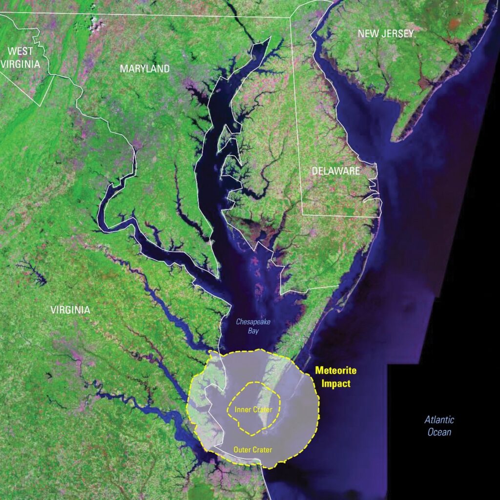 Zone d'impact du cratère Chesapeake aux États-Unis en vue aérienne.