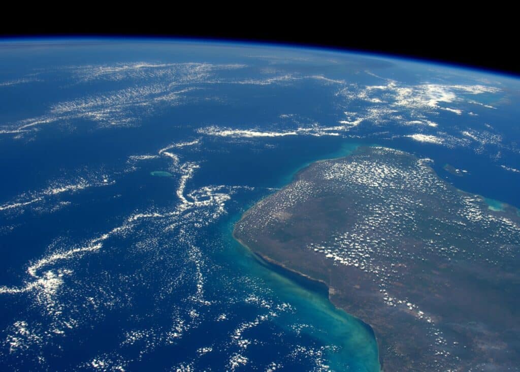 Vue satellite du cratère Chicxulub enfoui sous le golfe du Mexique.