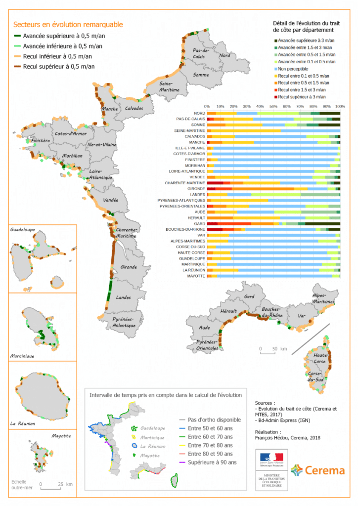 Cartographie du trait de côte français.