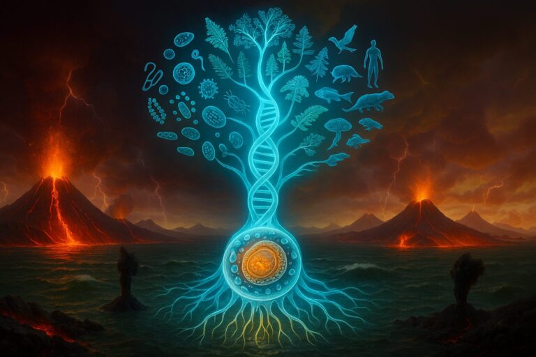 Illustration de LUCA, ancêtre commun universel, à la base de l’arbre du vivant avec ADN et biodiversité dans un décor volcanique.