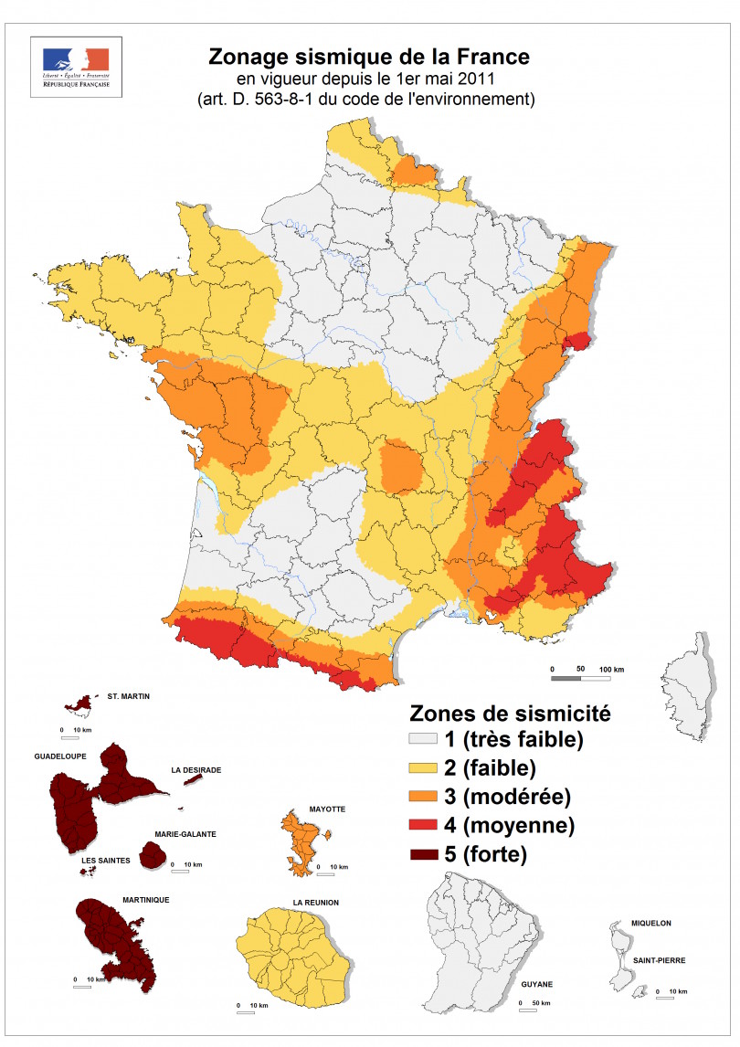 Zonage sismique de la France métropolitaine et des départements et régions d’Outre-Mer.