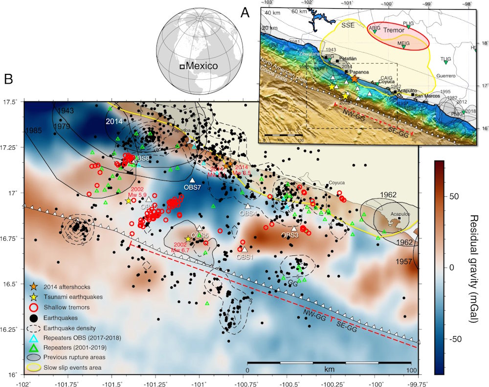 Carte de la subduction de Guerrero, affectée par des séismes lents.