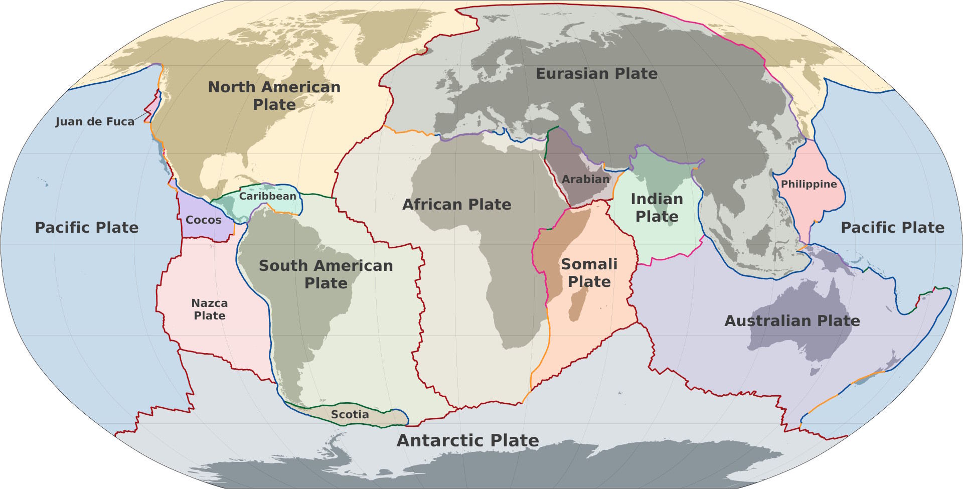 Carte des plaques tectoniques et des différents types de limites tectoniques les séparant : rift, dorsales, subductions, collisions, zones transformantes
