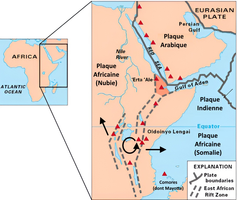 Carte montrant les blocs tectoniques associés au rift est-africain et leurs mouvements relatifs