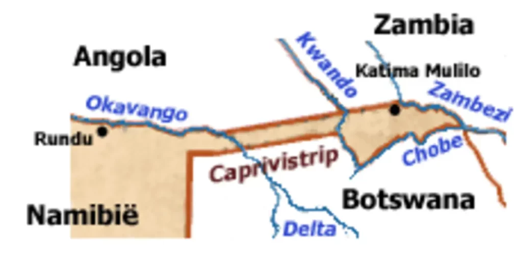 Représentation cartographique de la bande de Caprivi, mettant en évidence son tracé et les zones adjacentes.
